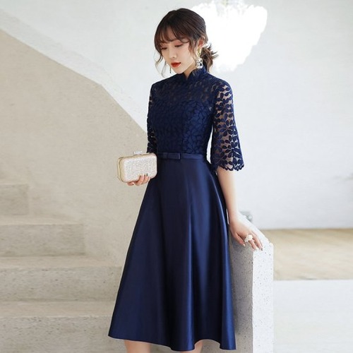 パーティードレス レディース イブニングドレス 結婚式ドレス 演奏会ドレス ワンピース Ａラインスカート ミディ丈 レース きれいめ お呼ばれ エレガント おしゃれ ハイウエスト リボン