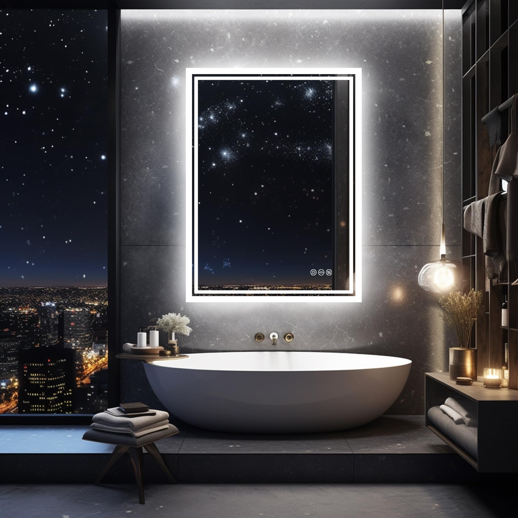 【特価処分】Wisfor LED ミラー 壁掛け鏡 照明付き 洗面所 洗面台 鏡 横縦両用 化粧鏡 浴室鏡 曇り止め 長方形 50×70㎝