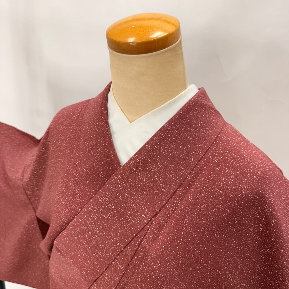 小紋 単衣 洗える着物 裄66.3cm 身丈165cm 花柄 お洒落着 普段着 ポリエステル エンジ 美品 M サイズ 6594