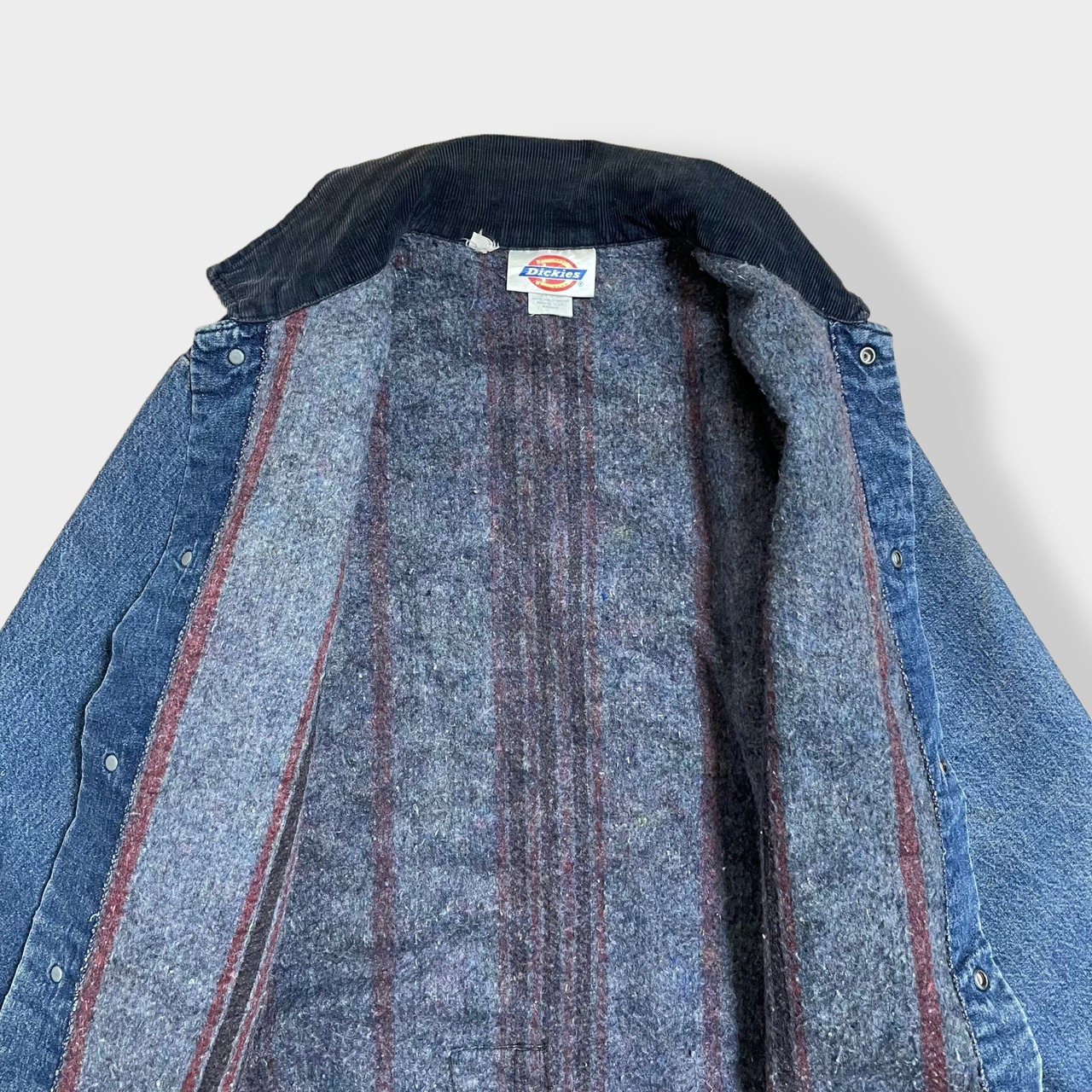 【Dickies】70s 80s USA製 白タグ カバーオール デニムジャケット ワークジャケット 38 LARGE リペア有 切替 コーデュロイ 裏地ブランケット ディッキーズ us古着