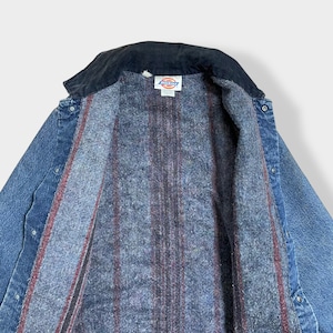 【Dickies】70s 80s USA製 白タグ カバーオール デニムジャケット ワークジャケット 38 LARGE リペア有 切替 コーデュロイ 裏地ブランケット ディッキーズ us古着