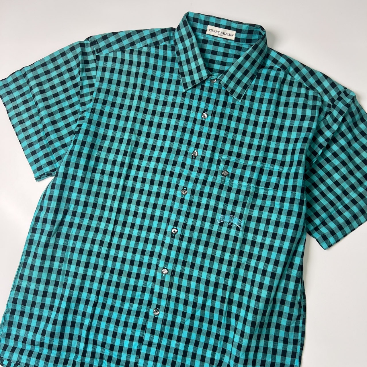PIERRE BALMAIN ピエールバルマン チェック柄 半袖シャツ L/ミント ブラック/日登美/ビンテージ 90s
