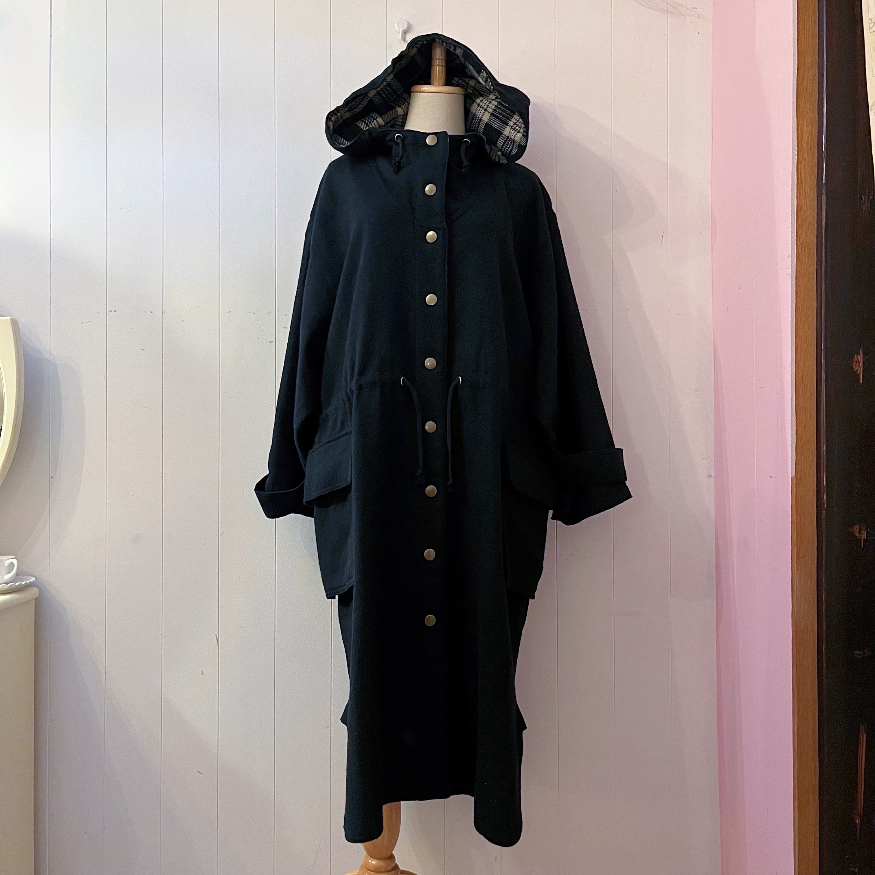 black beige check hoodie coat