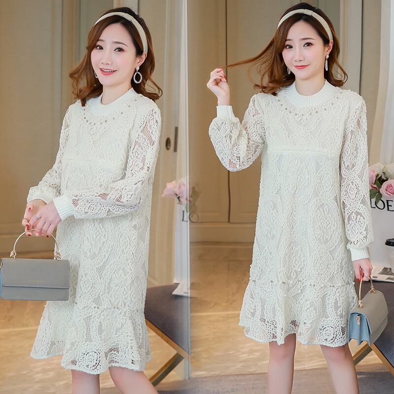 【新作】【送料無料】 2020マタニティナーシングドレスロングランタンスリーブホローアウトレース妊婦授乳ドレスジップラクテーションコットンドレス AL expec313168443489