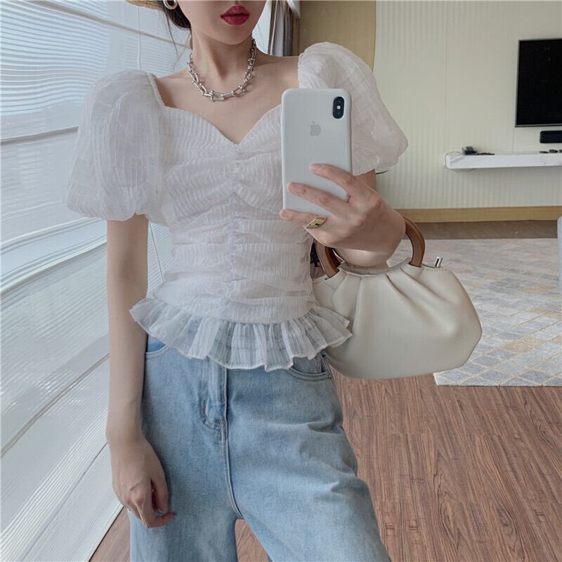 ホワイトVネックスリーブシャツ サマースタンダードスリムトップス レトロ 夏物 ガールズファッション18040021134