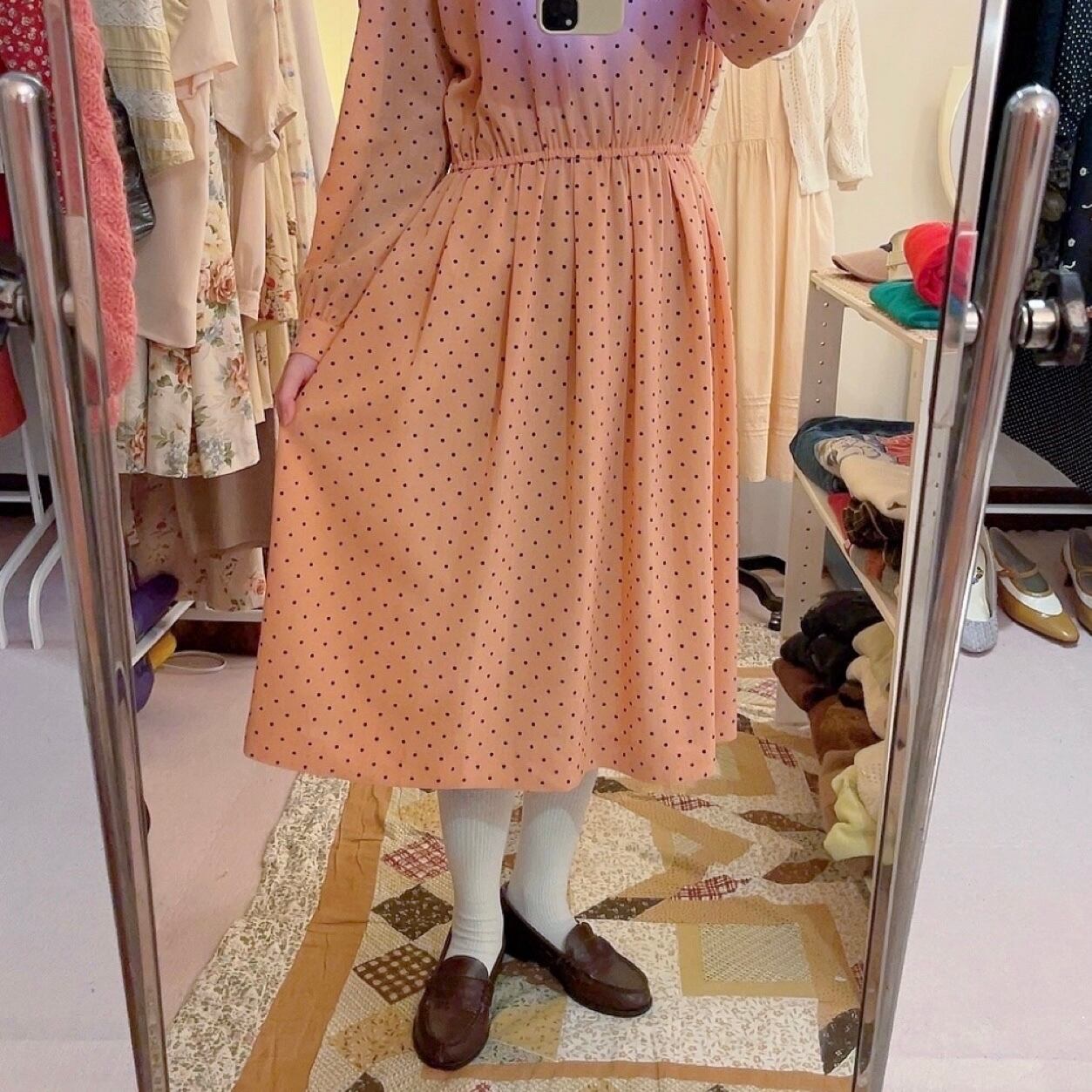 coral pink round frill dot one-piece