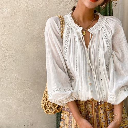 ブラウス レディース 白 長袖 ノーカラー ブラウス レース エスニック ボリュームスリーブ ブラウス Vネック 春夏 ブラウス レディース 白 長袖 ノーカラー ブラウス レース エスニック