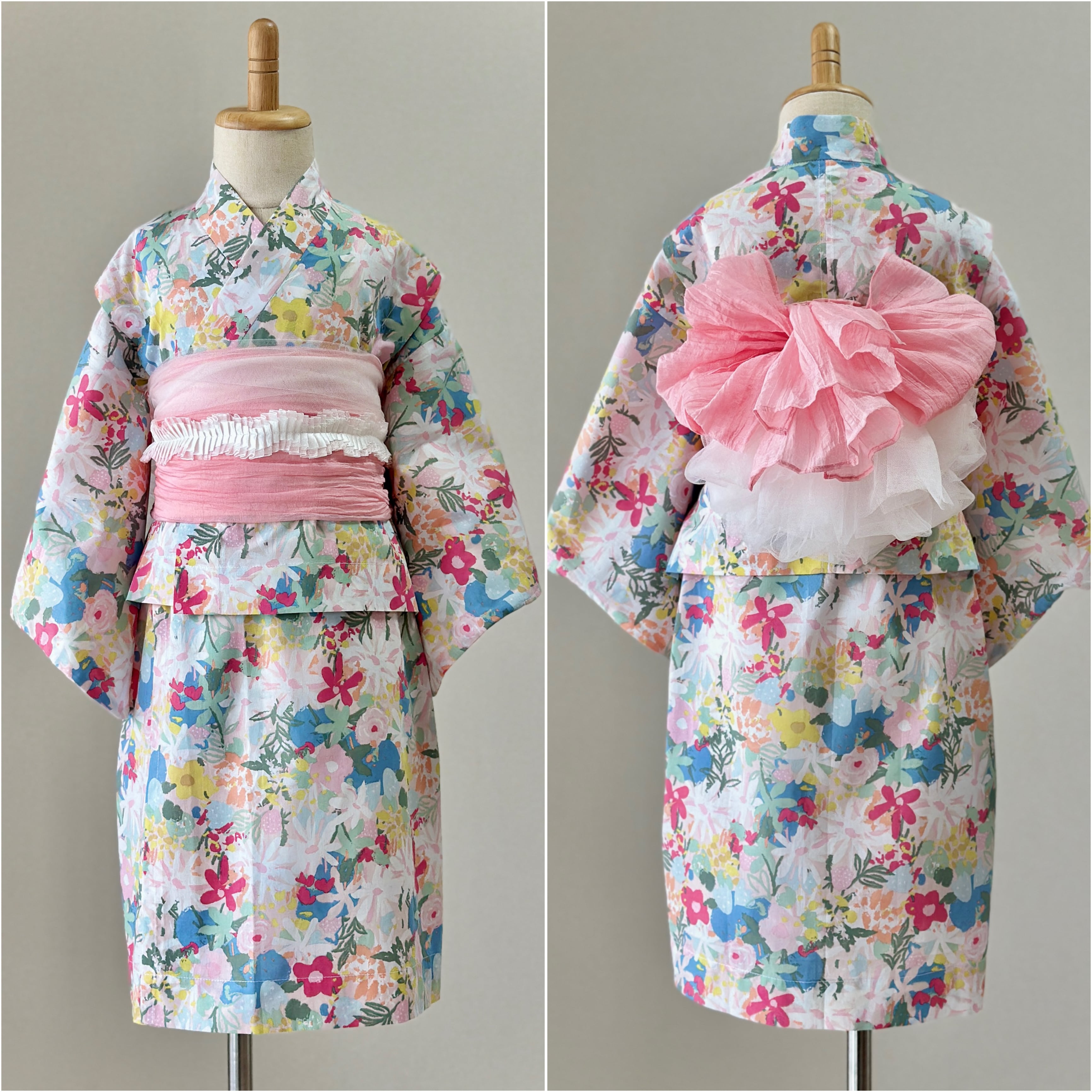 MikaNo.YU2622｜ハンドメイド2WAY浴衣 パステルフラワー No.YU2622｜ハンドメイド 女の子可愛い2WAY浴衣 パステルフラワー