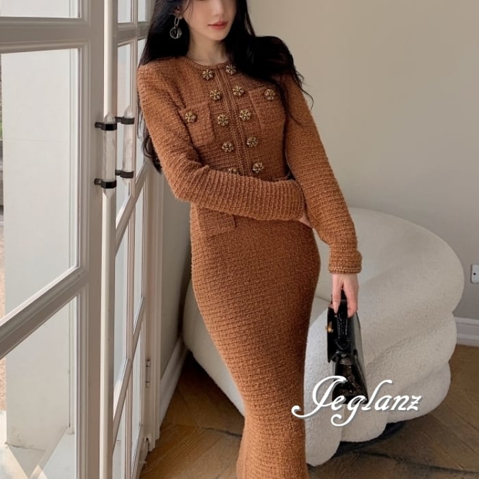 上品 ツイード ニット ワンピース ビジュー ボタン ファンシー(MB581)η