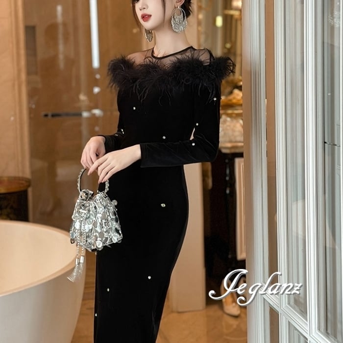 パーティ ドレス ベルベット調 フェザー ラインストーン 光沢感 ♪(MB082) η☆