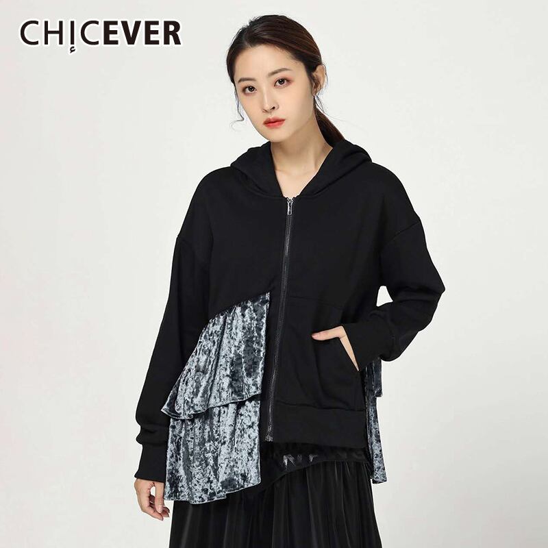 CHICEVERパッチワークルーズコートレディースフード付き長袖ブラックオーバーサイズコート2020秋 ロング オータム 秋物 6base537922737332
