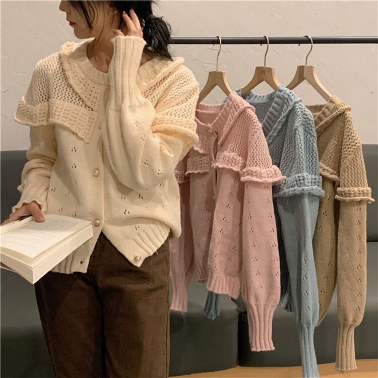 素敵な商品 怠惰な風 ニットトップス セーター 女性 新しいスタイル 透かし彫り コート ゆったりする