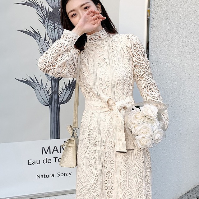 ワンピース ワンピ レースワンピース レディース レディースワンピース 女性用 花柄レース 総レース ハイネック ハイウエスト ロング マキシ マーメード フリル フリフリ 白 白ワンピ 白ワンピース 長袖 リボン デイリー 普段着 女子会 食事会 お呼ばれ 上品 エレガント