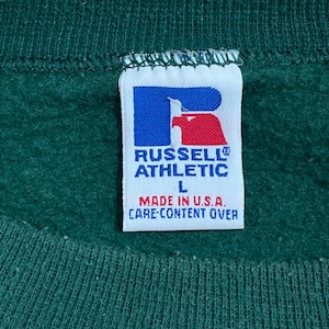 【RUSSELL ATHLETIC】90s USA製 スウェットシャツ トレーナー アーチロゴ 2段プリント 肉厚 太アーム ディープグリーン SWEATSHIRTS L ラッセル ヴィンテージ US古着