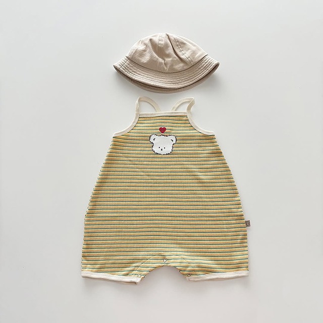 【BABY】クマ柄ボーダー柄ノースリーブロンパース