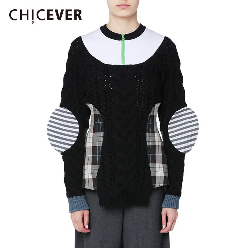 CHICEVERパッチワークセーター女性タートルネックパフ長袖編み物ヒットカラープルオーバー2021タイド ロング 6base516510798218