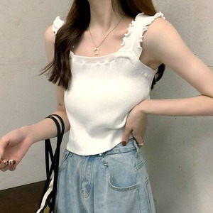 ニット タンクトップ レディース 春夏秋 韓国 インナー トップス 大人 かわいい おしゃれ きれいめ リブニット フリル 重ね着 スクエアネック 大人可愛い 大人女子