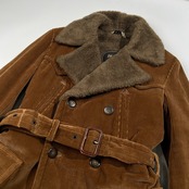 PEYTON sportswear スペイン製 コーデュロイ ダブル ランチ コート 裏ボア フリース S /ブラウン/ビンテージ/ベルト付き