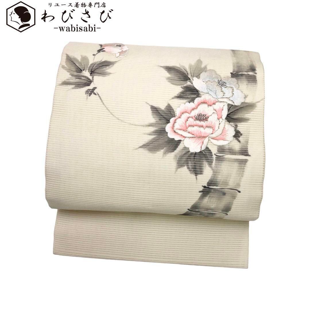 夏帯 名古屋帯 絽 美しい牡丹の花柄 刺繍 生成色 O-2785 | リユース着物わびさび