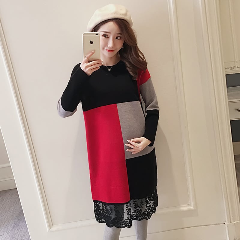 【新作】【送料無料】 マタニティウェア2020秋と冬の新しいニットカラーマッチングトレンディなマタニティドレス、年齢を減らすミドル丈のファッションマタニティドレス-アリババ オータム 秋物 ウィンター 冬物 expec245138306250