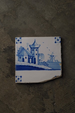 デルフトタイル 煙突の家と水車-antique delft tile