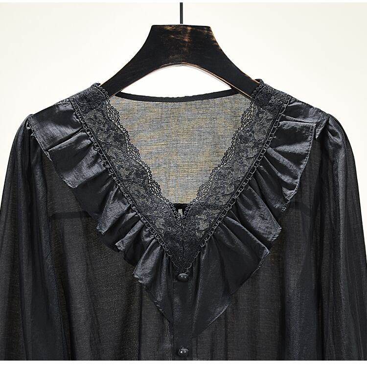 トップス シャツ ブラウス 袖あり 長袖 Vネック 襟なし レース 刺繍
