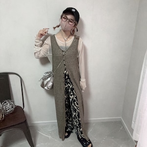 mix color knitting 2way gilet OP【Khaki】