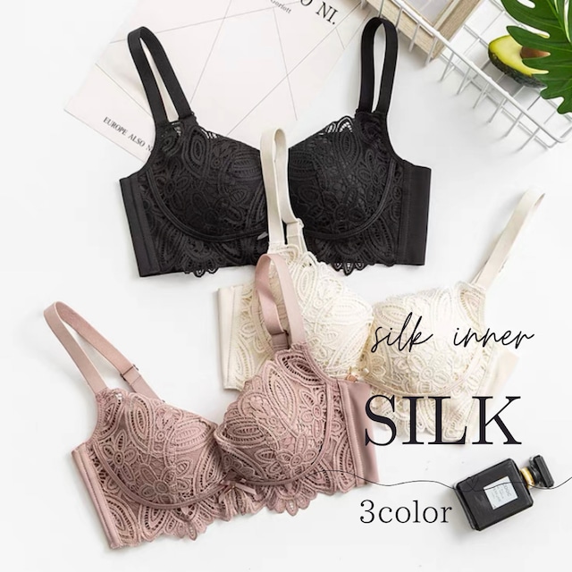 【silk】【4size/3color】Silk  ribbon lace Non-wire bra S163