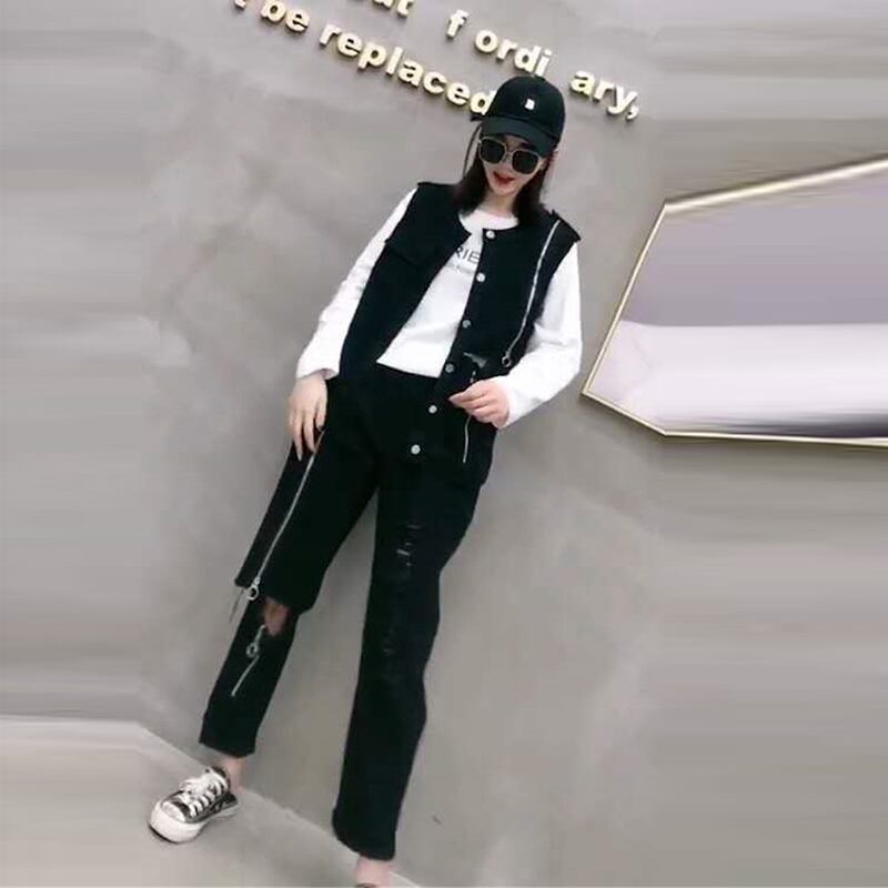 2020年秋の新しいプラスサイズの女性のファッション気質脂肪ミリメートル薄いチョッキ破れたパンツスリーピーススーツは年齢を減らします ミックスインファッション98300572371