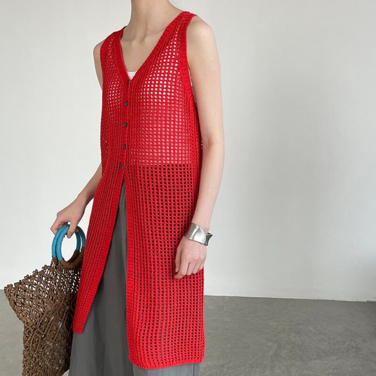 ボタンフロント ロング ニットジレ 4COL 10090