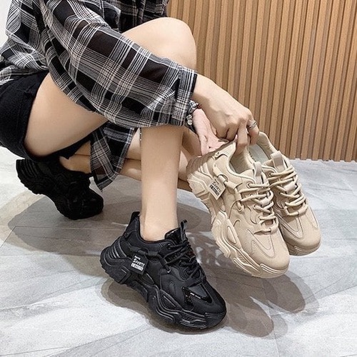 シューズ レディース 靴 スニーカー スポーツシューズ 厚底スニーカー 5cmヒール 歩きやすい カジュアル お洒落 スポーティー ブラック カーキ 春 夏 レースアップ フラット ラバー スポーツ