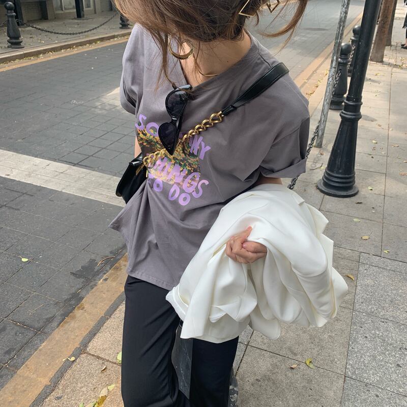 ラウンドネックプリントルーズFlowerデザイン Tシャツ トップス レディース Oネック フラワーデザイン ビッグFスモールZ韓国5590733314