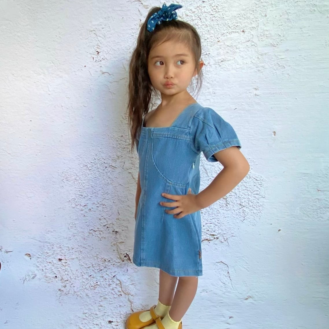 【即納】スクエアネックのデニムワンピース｜海外子供服｜韓国子供服