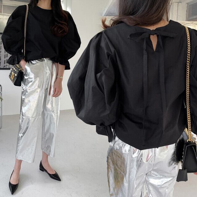 全2色 ブラック/ホワイト レディース ブラウス バックリボン バルーンスリーブ ボリュームスリーブ コットン 長袖 S/M/L/XL