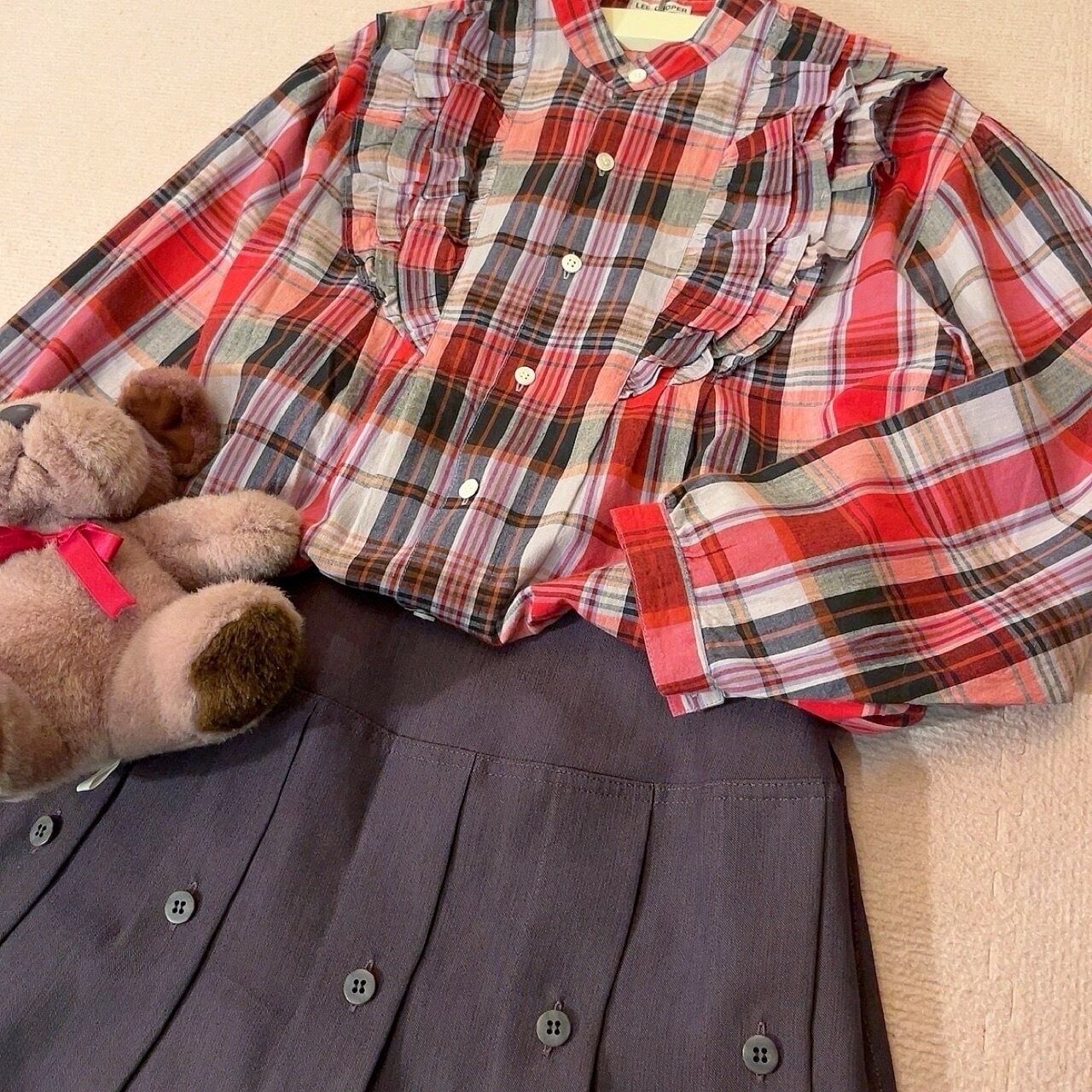 red black check frill blouse