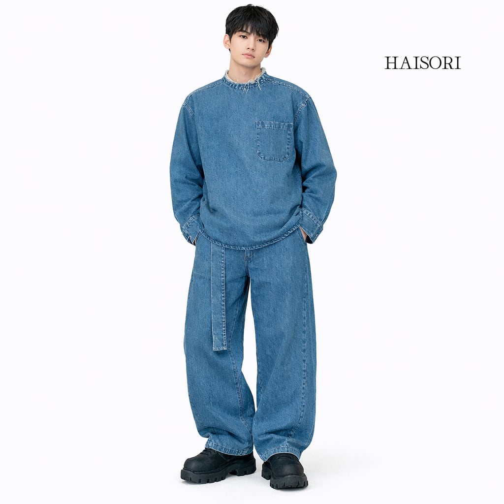 ルーズフィット デニム プルオーバー&ワイドパンツ セットアップ