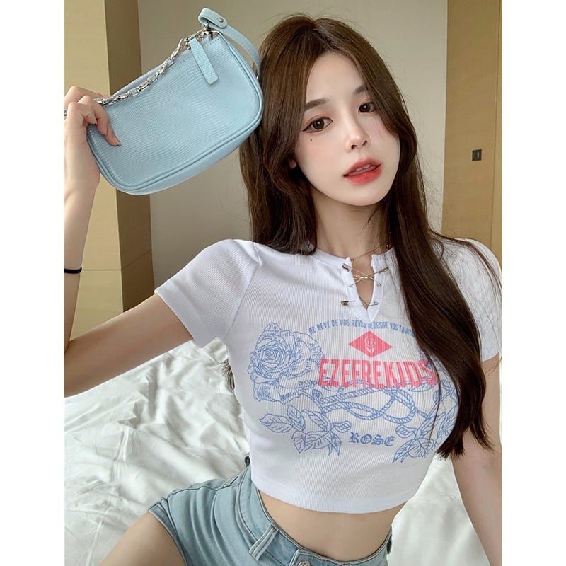 プリントTシャツ レディースサマースタンダードスリムVネック