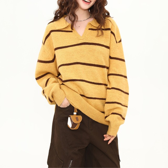 Vネックボーダーニットトップス L00382