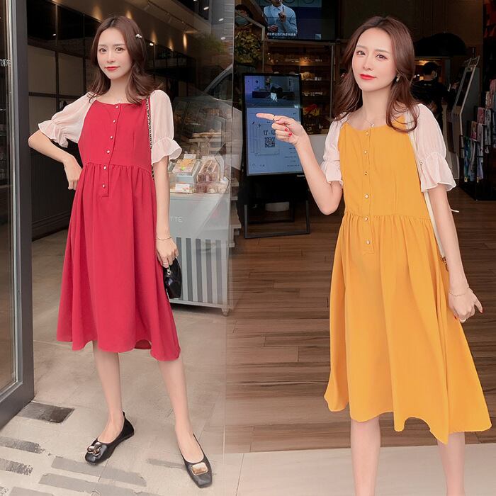 【新作】【送料無料】 マタニティウェア2020夏の新しいシフォンステッチルーズドレススタイルミドル丈ドレス妊婦-アリババ サマー 夏物 expec28191648883