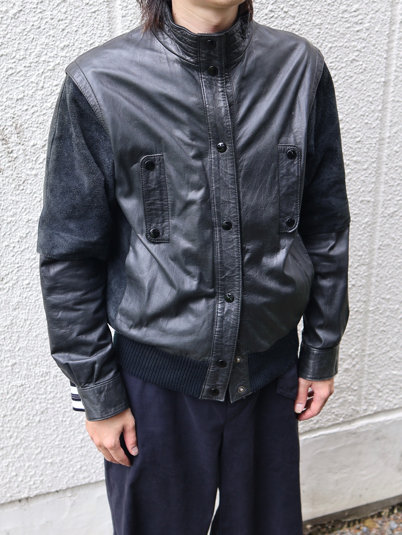 material switching leather blouson