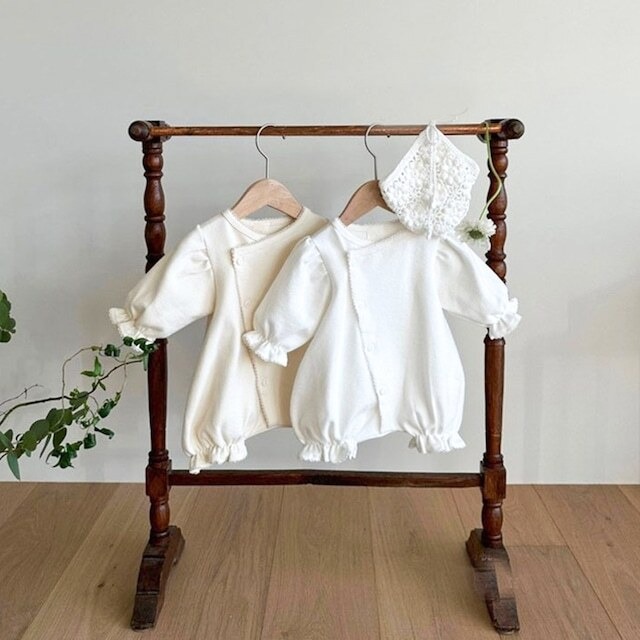 【秋作】INS映えピュアカラーフリル袖純綿ロンパース　全2色