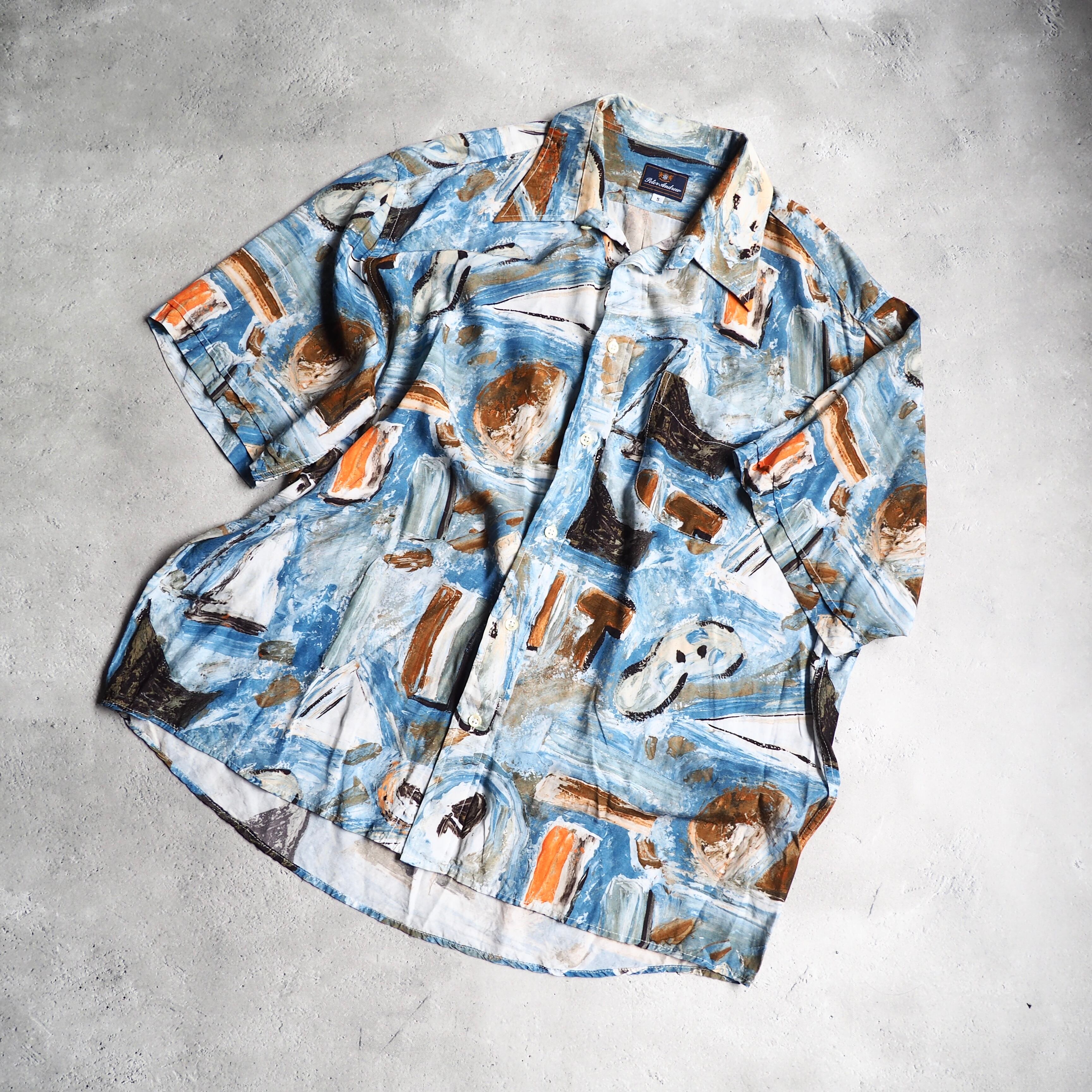 1970 - 80s Beautiful oil painted art vintage Drape loose SS rayon shirt