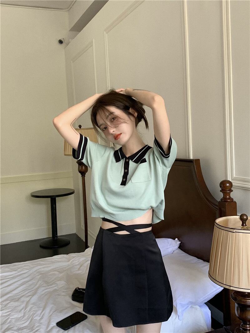 カラーニットTシャツ サマー薄手スタイルショートスリムトップス 夏物 ブラックストロベリース87275311544