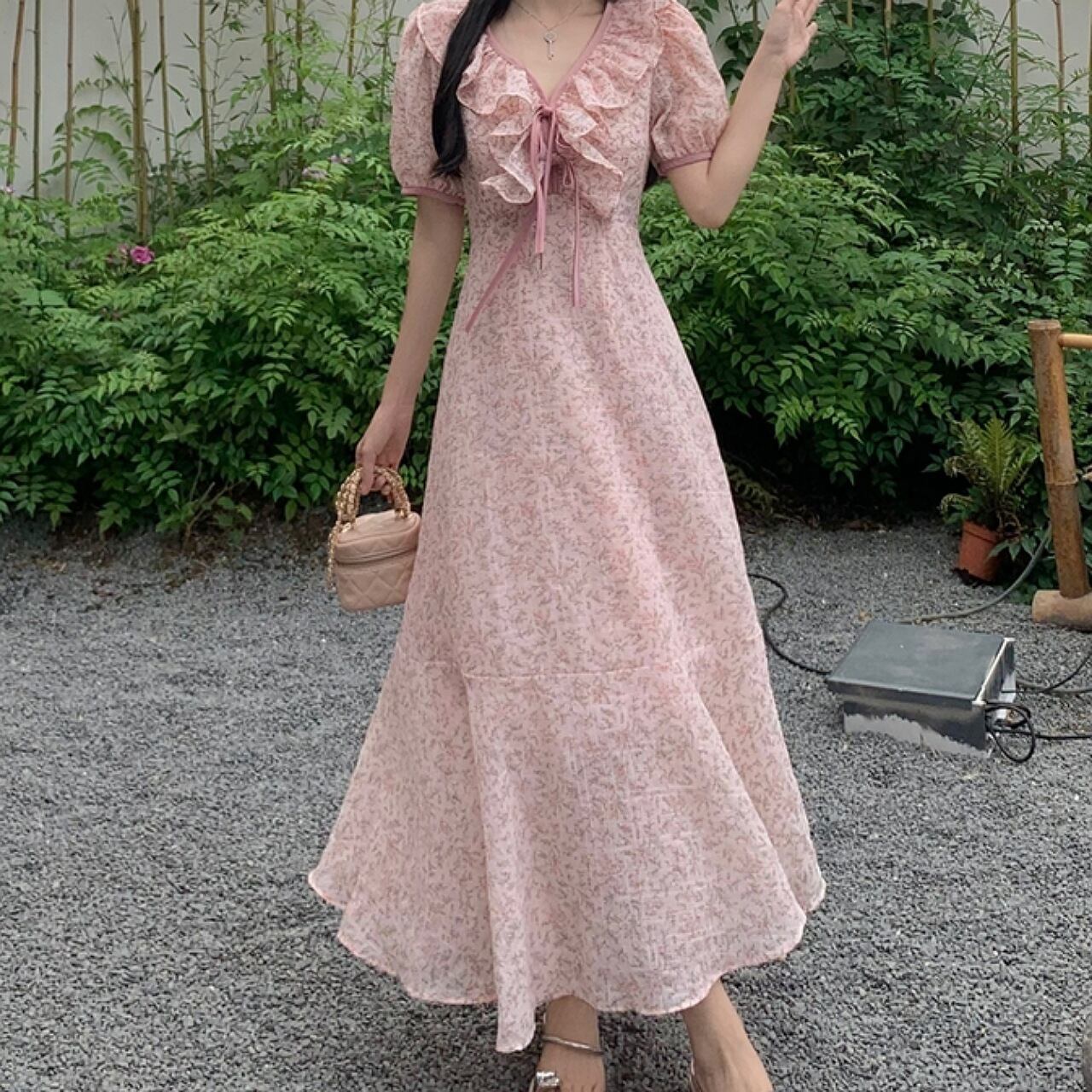 【S-4XL】フリル フラワーワンピース