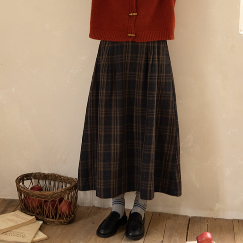 チェック柄ハイウエストミディアム丈Aラインスカート M1929