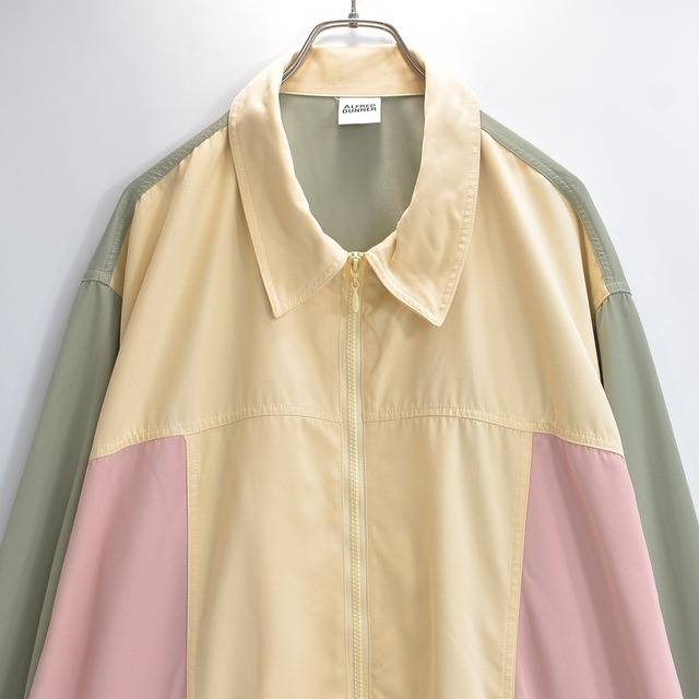 90s ALFRED DUNNER アルフレッドダナー フルジップ ブルゾン カラーブロック 切り替え レトロ パステルトリコロールカラー USED ヴィンテージ ビンテージ 古着 24W レディースXXL〜XXXLサイズ相当