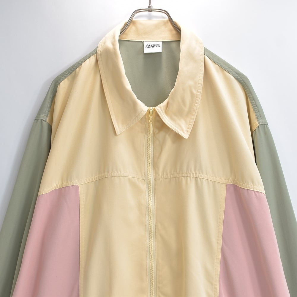90s ALFRED DUNNER アルフレッドダナー フルジップ ブルゾン カラーブロック 切り替え レトロ パステルトリコロールカラー USED ヴィンテージ ビンテージ 古着 24W レディースXXL〜XXXLサイズ相当