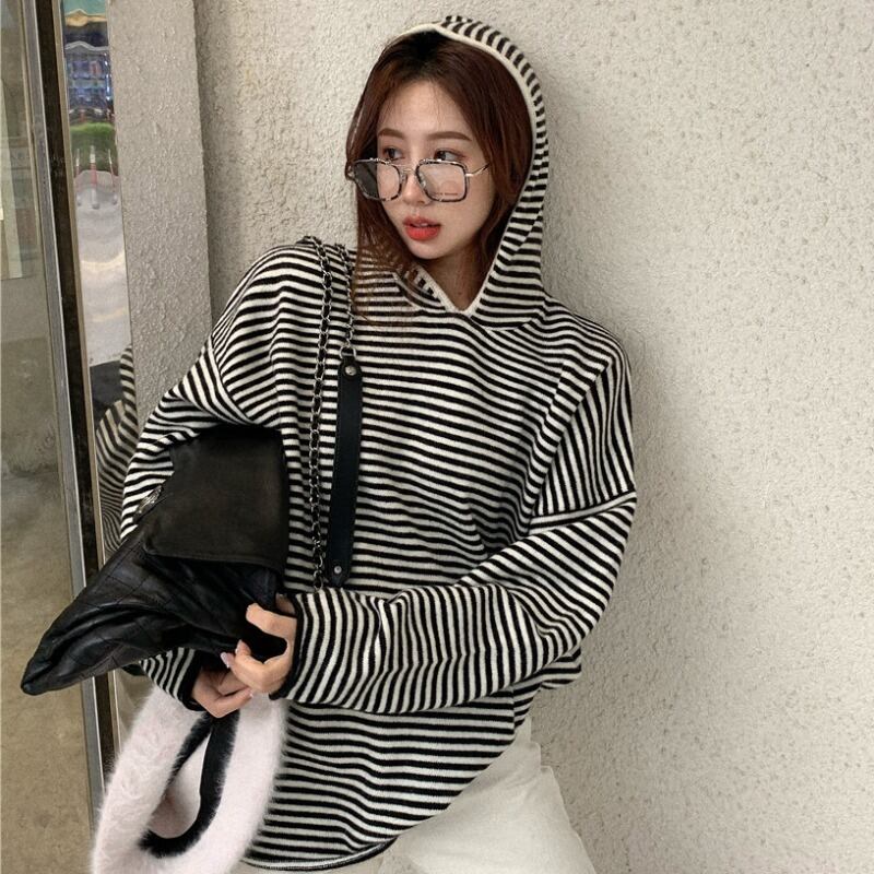ニットシャツ スタイルルーズストライプフードセーター オータムウィンタートップス ロング 秋物 冬物 YY-ファッション7424155028