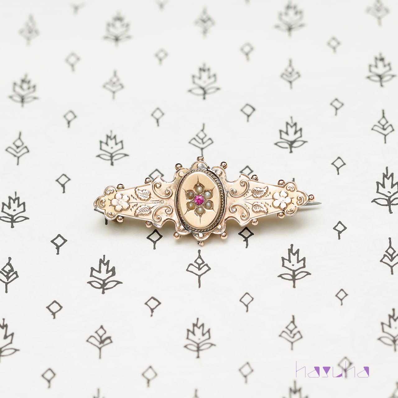 アンティーク 9Kゴールド 合成ルビー シードパール バーブローチ