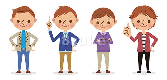イラスト素材:若い男性のポーズ4人セット(ベクター・JPG)